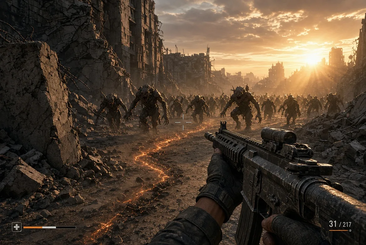 A lone survivor follows a glowing trail through a ruined city at sunrise as a horde advances.